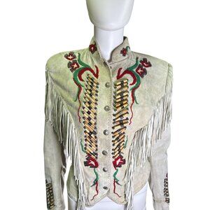 Renegade By Ren Ellis Vintage Beige Suede Fringe Beaded and Bullet Accents Sz 8